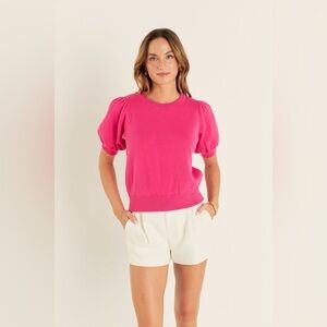 English Factory SHORT PUFF SLEEVE KNIT TOP small fuchsia hot pink sweater girly